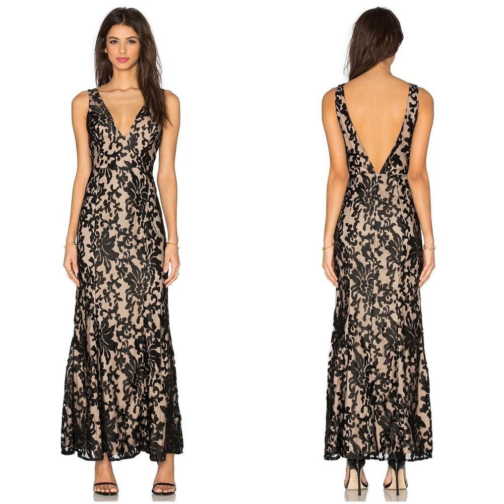 NWT Lovers + Friends Black Lace Beige Formal Gown $348 - Picture 2 of 15